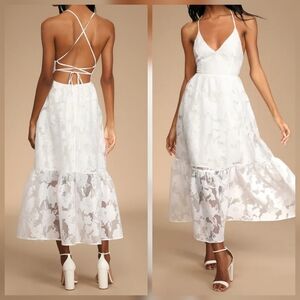 Lulus Feeling Like Forever White Jacquard Organza Lace-Up Midi Dress, Large